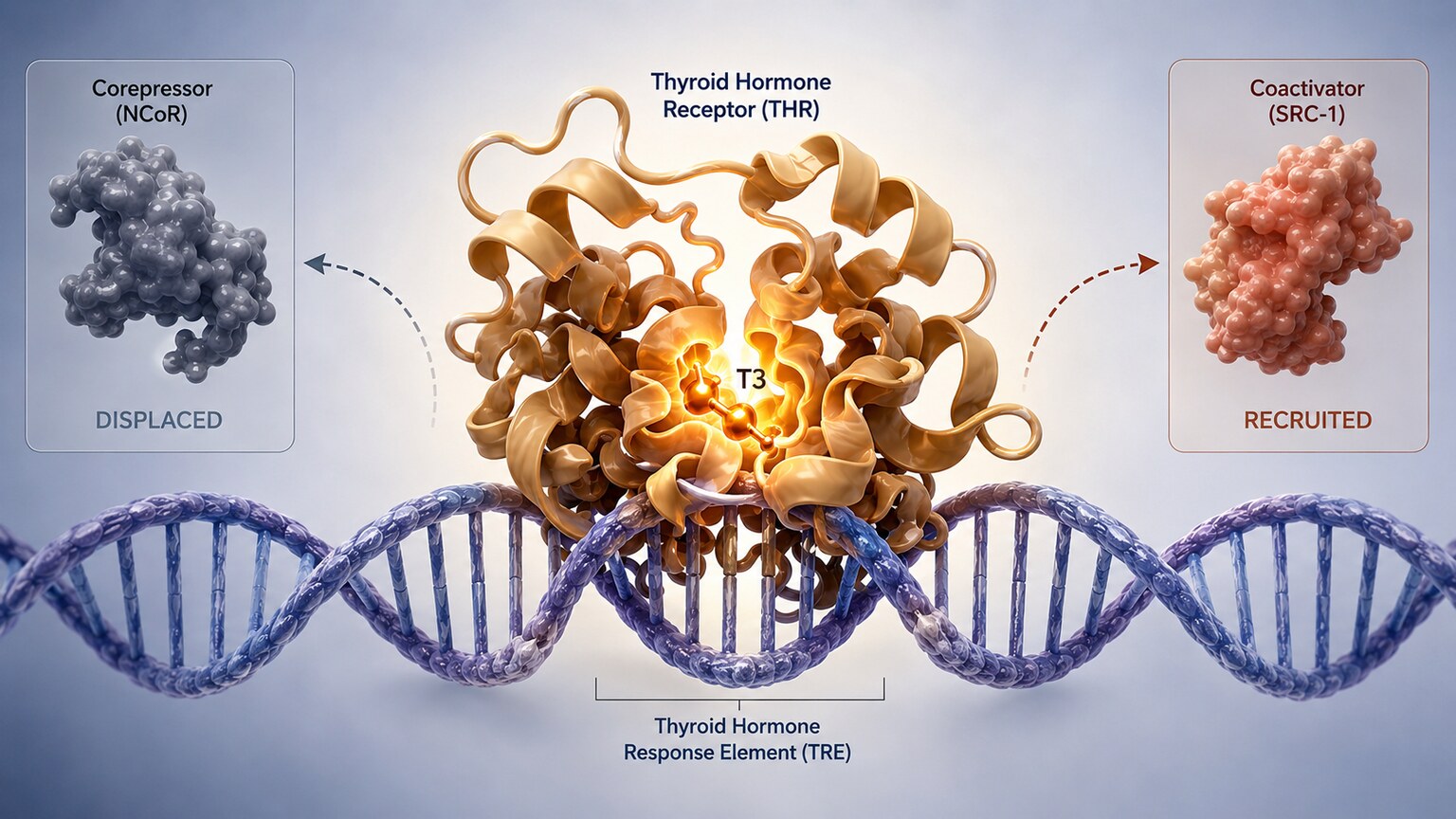 Scientific illustration of a T3 hormone molecule bound to a nuclear receptor directly activating a strand of DNA inside a cell nucleus