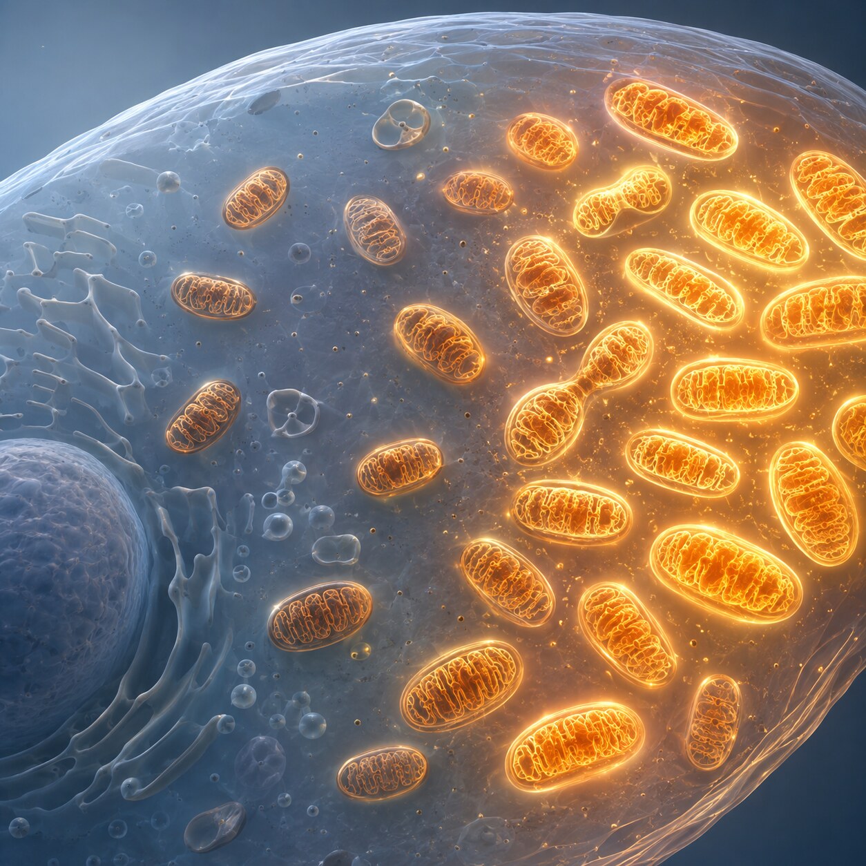 Scientific illustration of a cell cross-section with glowing mitochondria actively multiplying in response to T3 stimulation