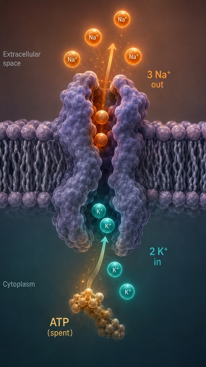 Scientific illustration of a sodium-potassium pump embedded in a cell membrane actively transporting ions while consuming ATP