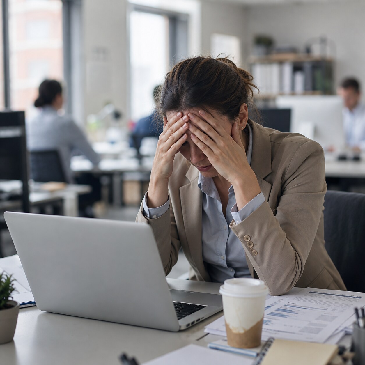 Exhausted office worker resting their head in their hands at a desk in the middle of the afternoon