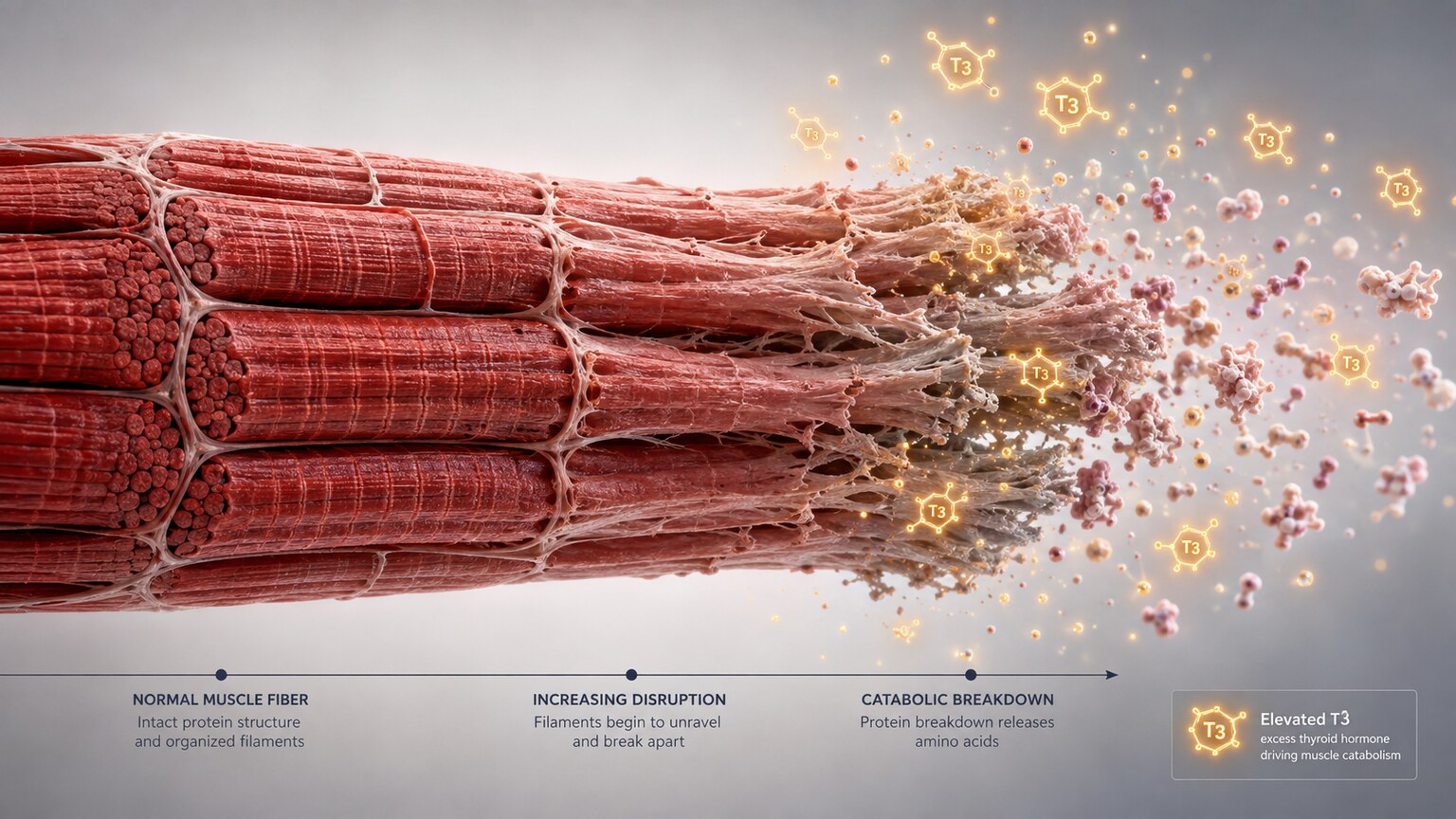 Scientific illustration of muscle protein fibers being broken down into amino acids under excessive thyroid hormone stimulation