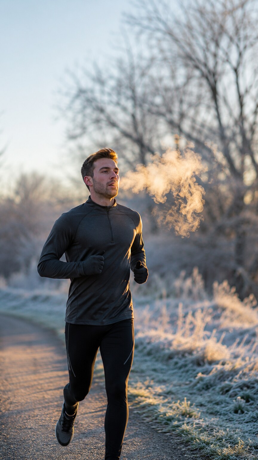Person jogging outdoors on a cold morning with visible breath, illustrating the body actively generating metabolic heat
