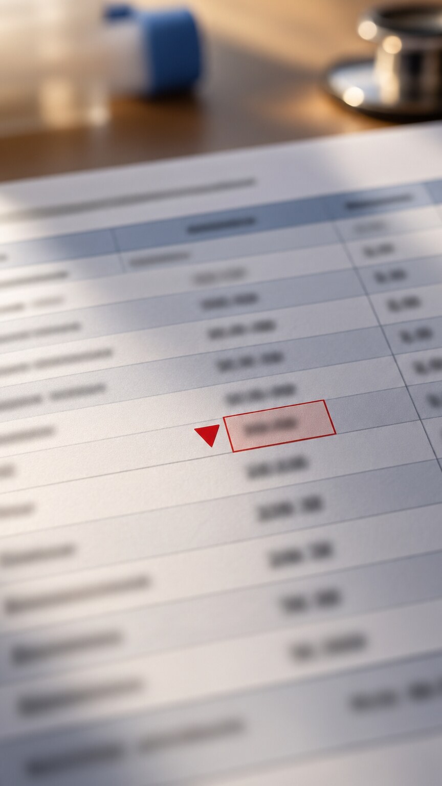 Close-up of a lab report showing a suppressed TSH value flagged below the normal reference range