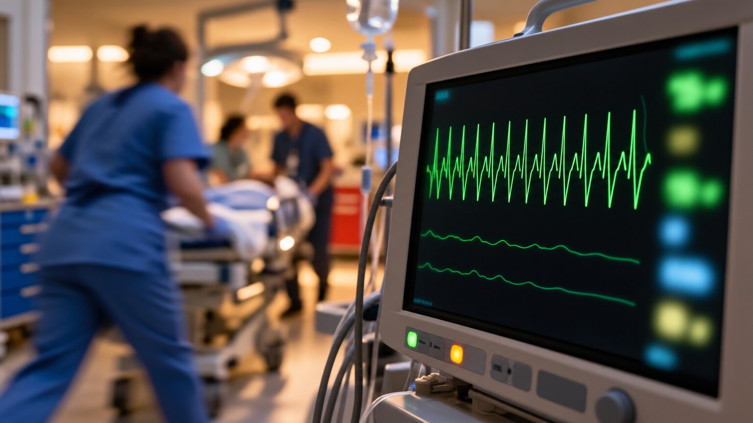 Emergency department heart rate monitor displaying a dangerously rapid pulse during a suspected thyroid storm evaluation