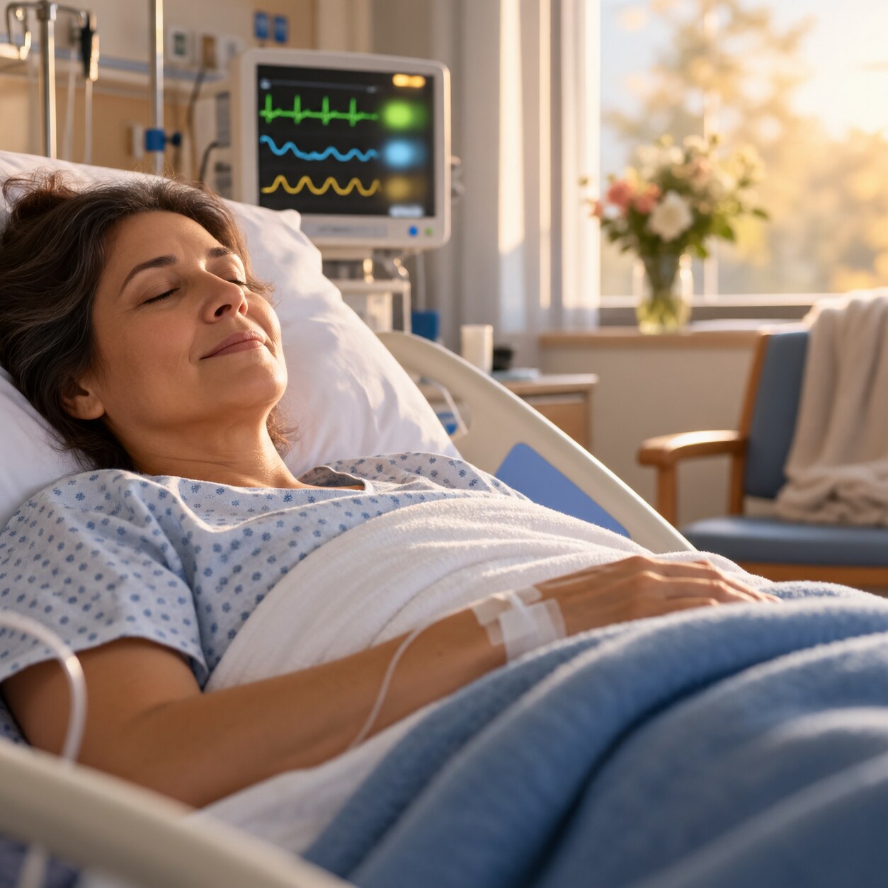Hospitalized patient recovering from a severe illness while thyroid function is monitored during treatment