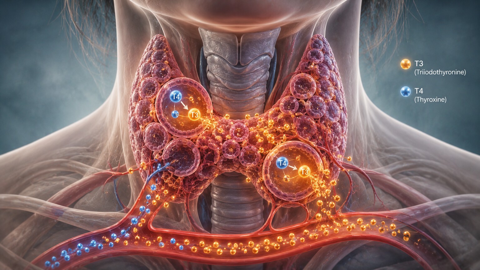 Illustration of an overactive thyroid gland secreting excess T4 and T3 hormone molecules into the bloodstream