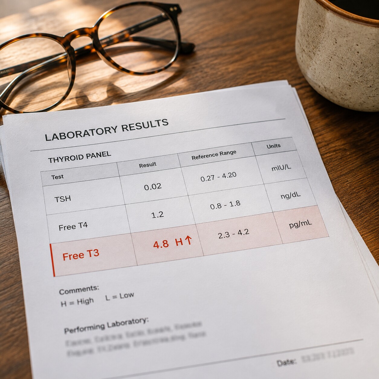 Close-up of a lab report showing an elevated free T3 result beside a normal free T4 value