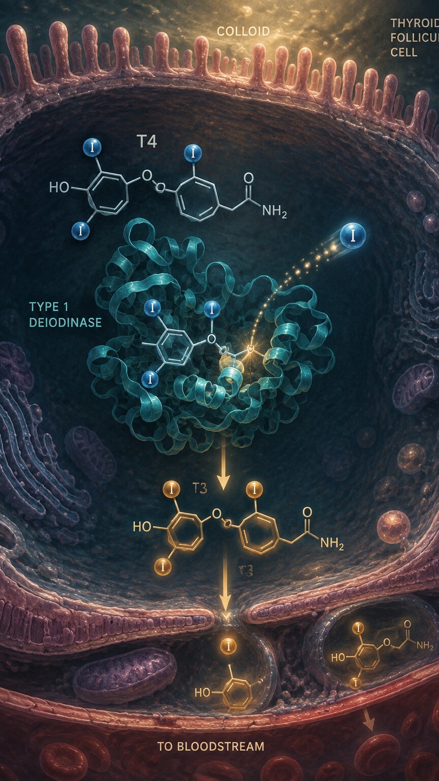 Scientific illustration of type 1 deiodinase enzymes converting T4 into T3 inside thyroid follicular cells