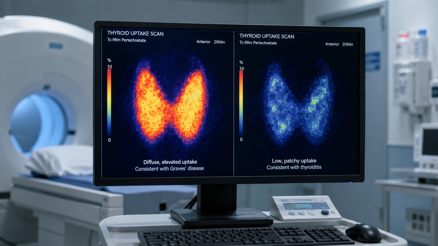 Nuclear medicine thyroid uptake scan comparing diffuse Graves' disease uptake to patchy thyroiditis uptake