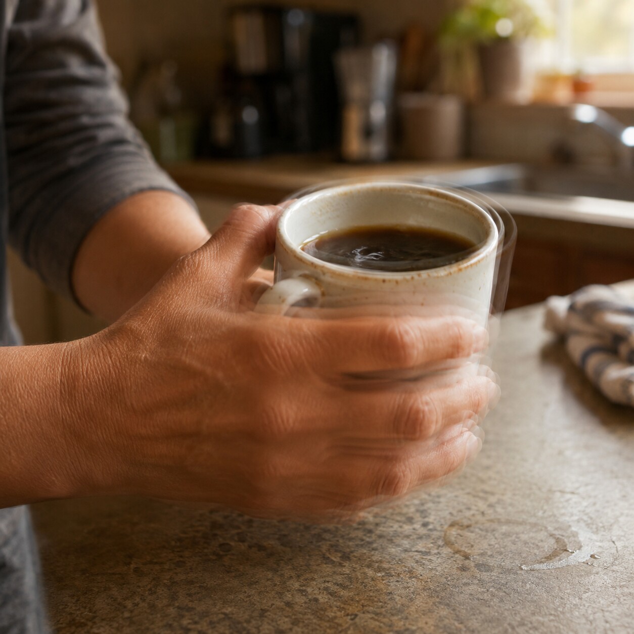 Close-up of a person's trembling hand holding a coffee cup, illustrating a physical tremor symptom of high T3