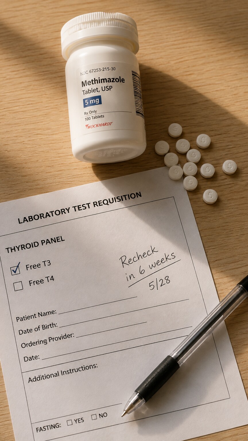 Antithyroid medication bottle beside a lab requisition slip used to monitor T3 during hyperthyroidism treatment