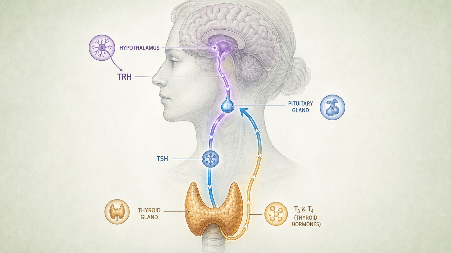 Scientific illustration of the brain-thyroid feedback loop showing the hypothalamus, pituitary gland, and thyroid gland