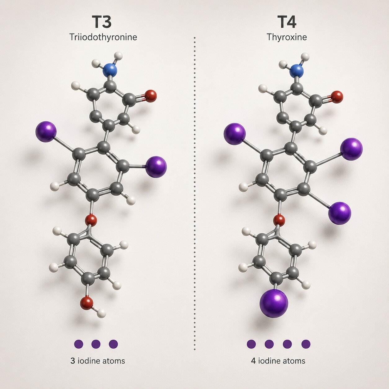 Molecular diagram comparing the T3 hormone with three iodine atoms to the T4 hormone with four iodine atoms