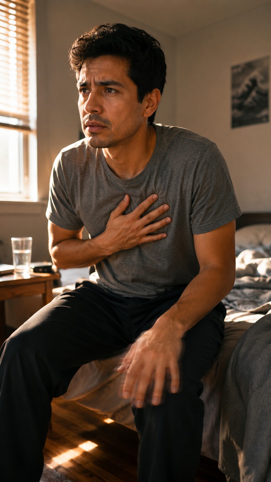 Person in their 30s sitting on the edge of a bed in the morning, hand pressed to their chest, showing early hyperthyroid symptoms