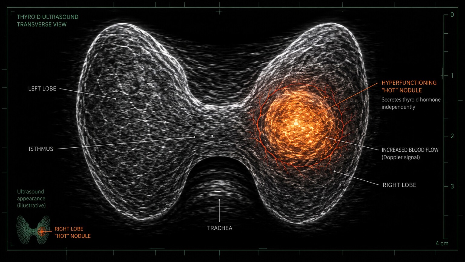 Editorial illustration of a thyroid gland with a visible nodule, styled as a diagnostic ultrasound cross-section