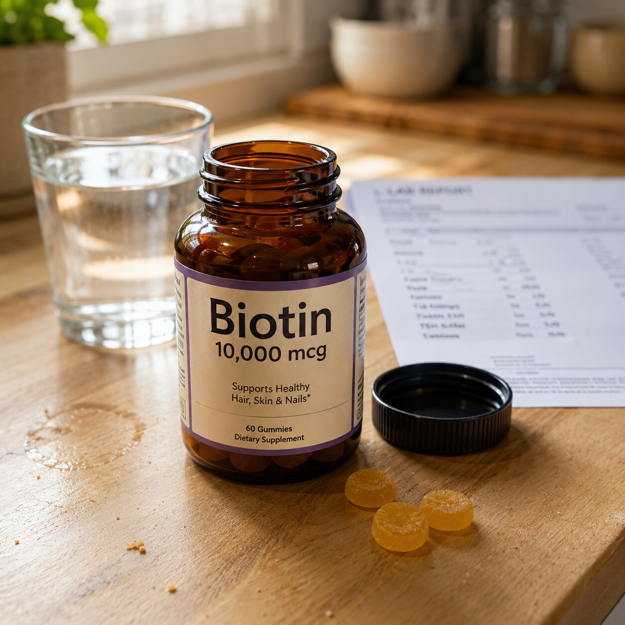 Close-up of a biotin supplement bottle on a kitchen counter next to a glass of water and a printed lab report