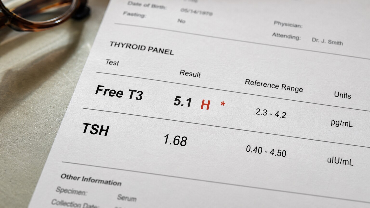 Close-up of a printed lab report showing an elevated T3 value beside a normal TSH value and their reference ranges