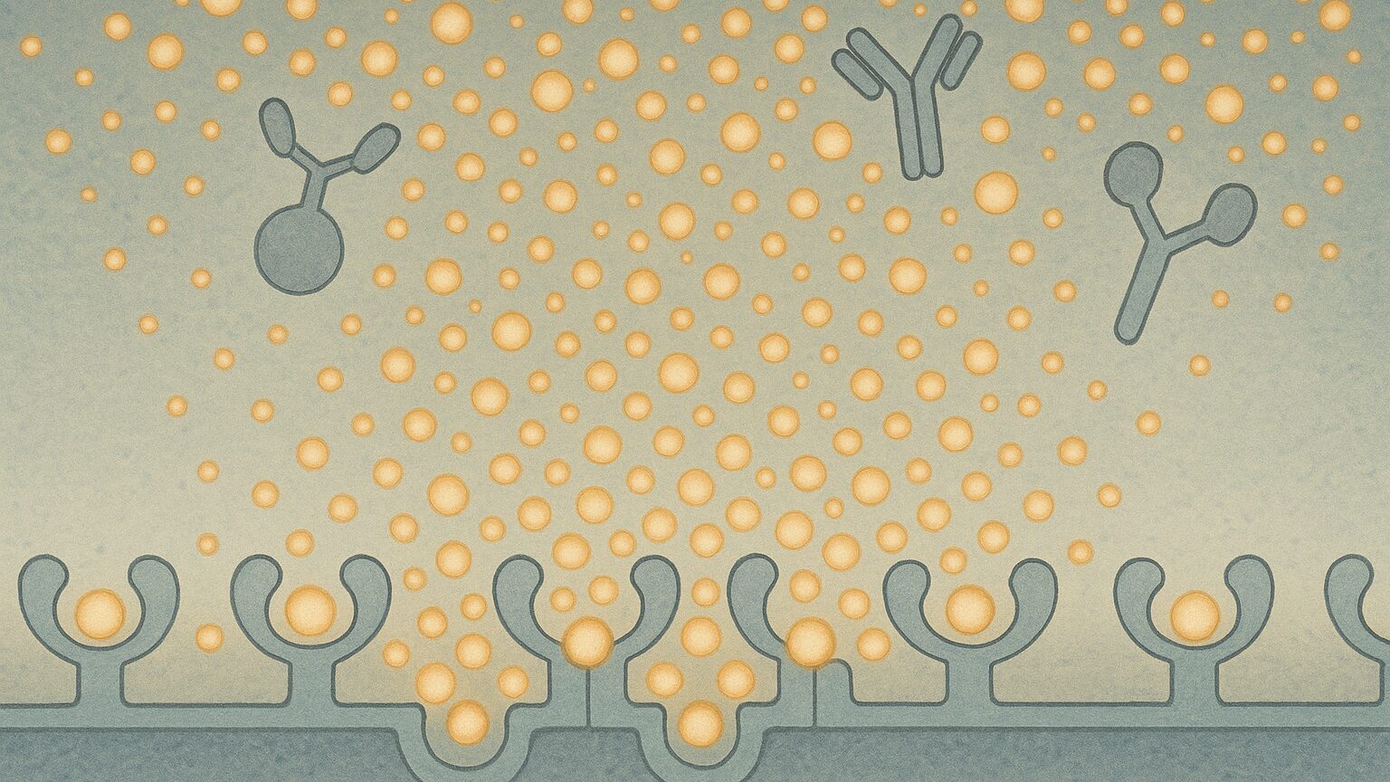 Scientific illustration of a laboratory immunoassay surface where excess free biotin molecules block the binding sites meant for the thyroid hormone test, jamming the detection signal