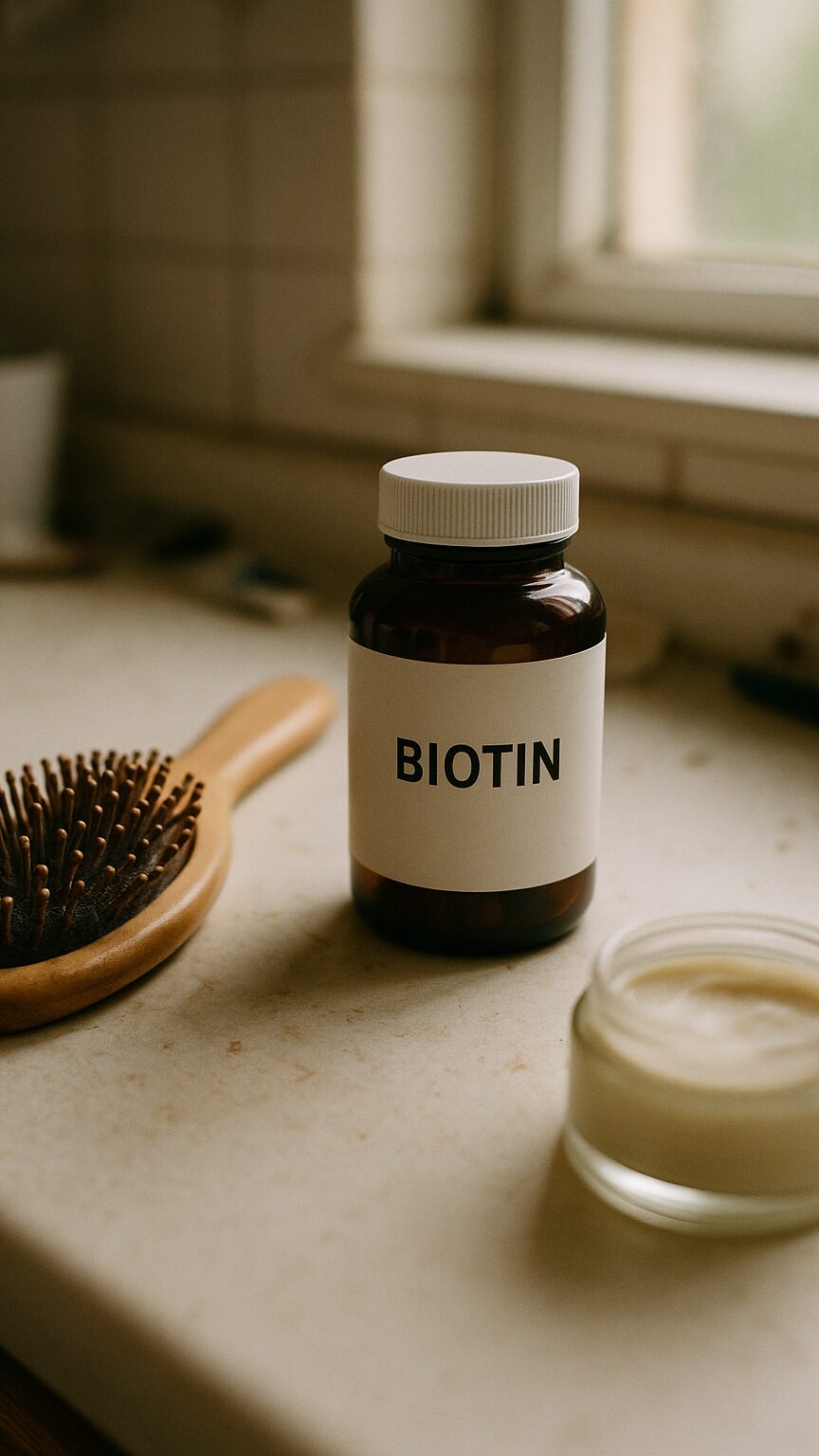 A high-dose biotin gummy supplement bottle on a bathroom counter beside a hairbrush and hair styling products during a morning routine