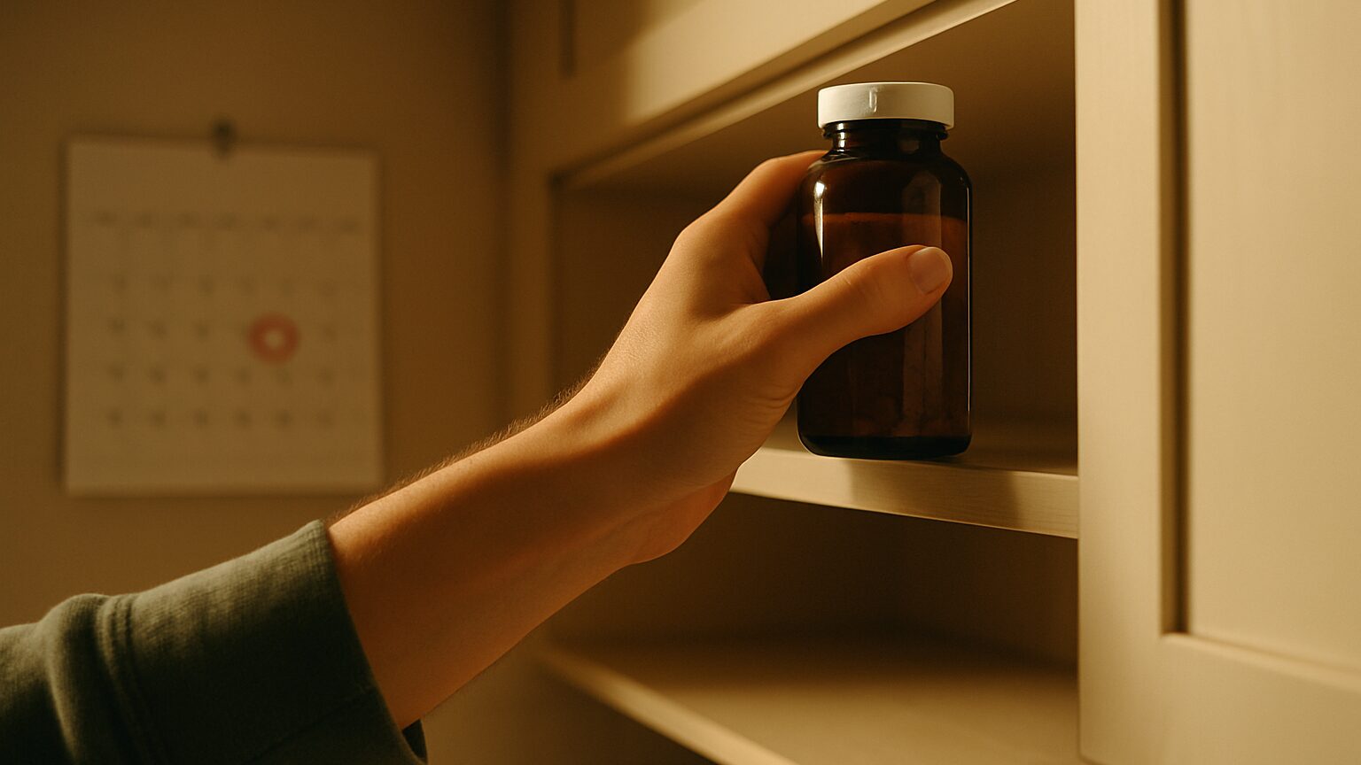 A person placing a biotin supplement bottle onto a high kitchen shelf, with a wall calendar showing a circled date in the background
