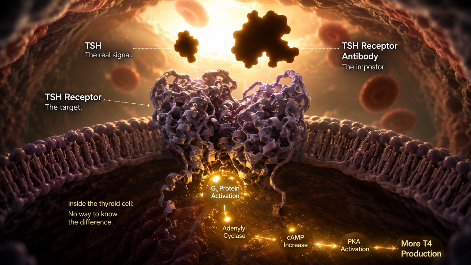 Scientific illustration of a TSH receptor antibody binding to and activating a thyroid follicular cell's TSH receptor
