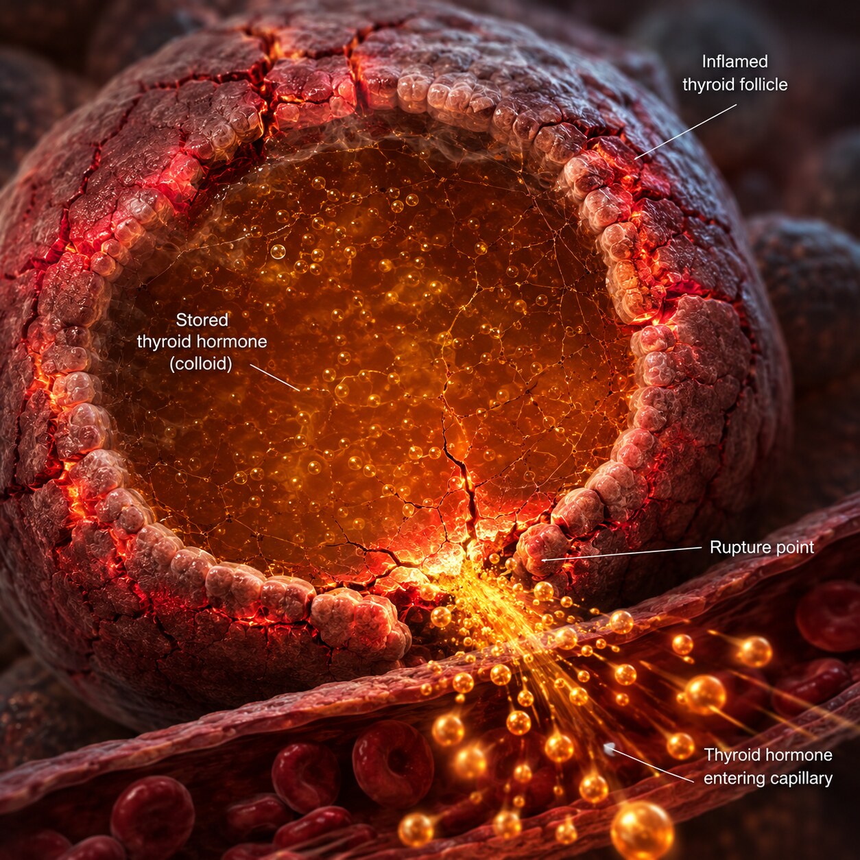 Scientific illustration of an inflamed thyroid follicle cell rupturing and releasing its stored thyroid hormone into the bloodstream