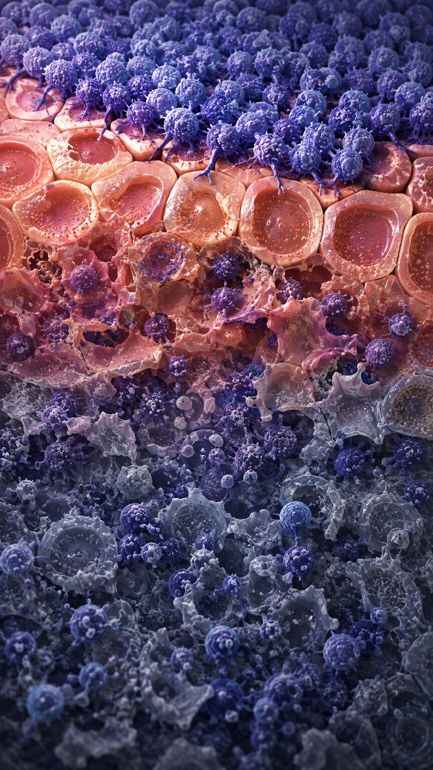 Scientific illustration of immune lymphocytes infiltrating and gradually attacking healthy thyroid gland tissue