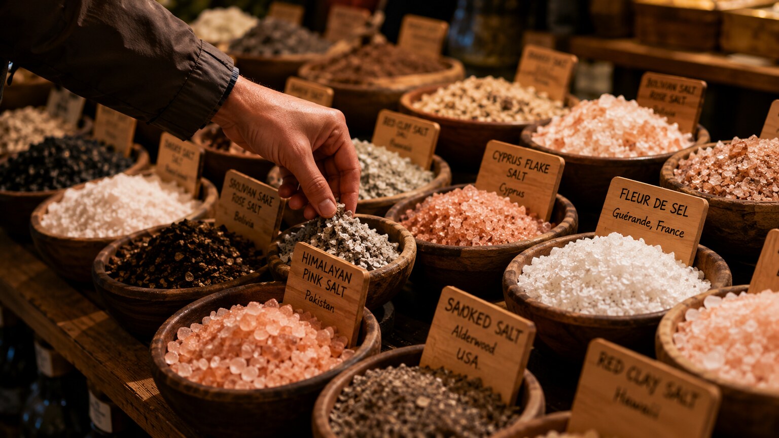 Artisanal salt market stall with a dozen specialty salt varieties on display, none of them iodized