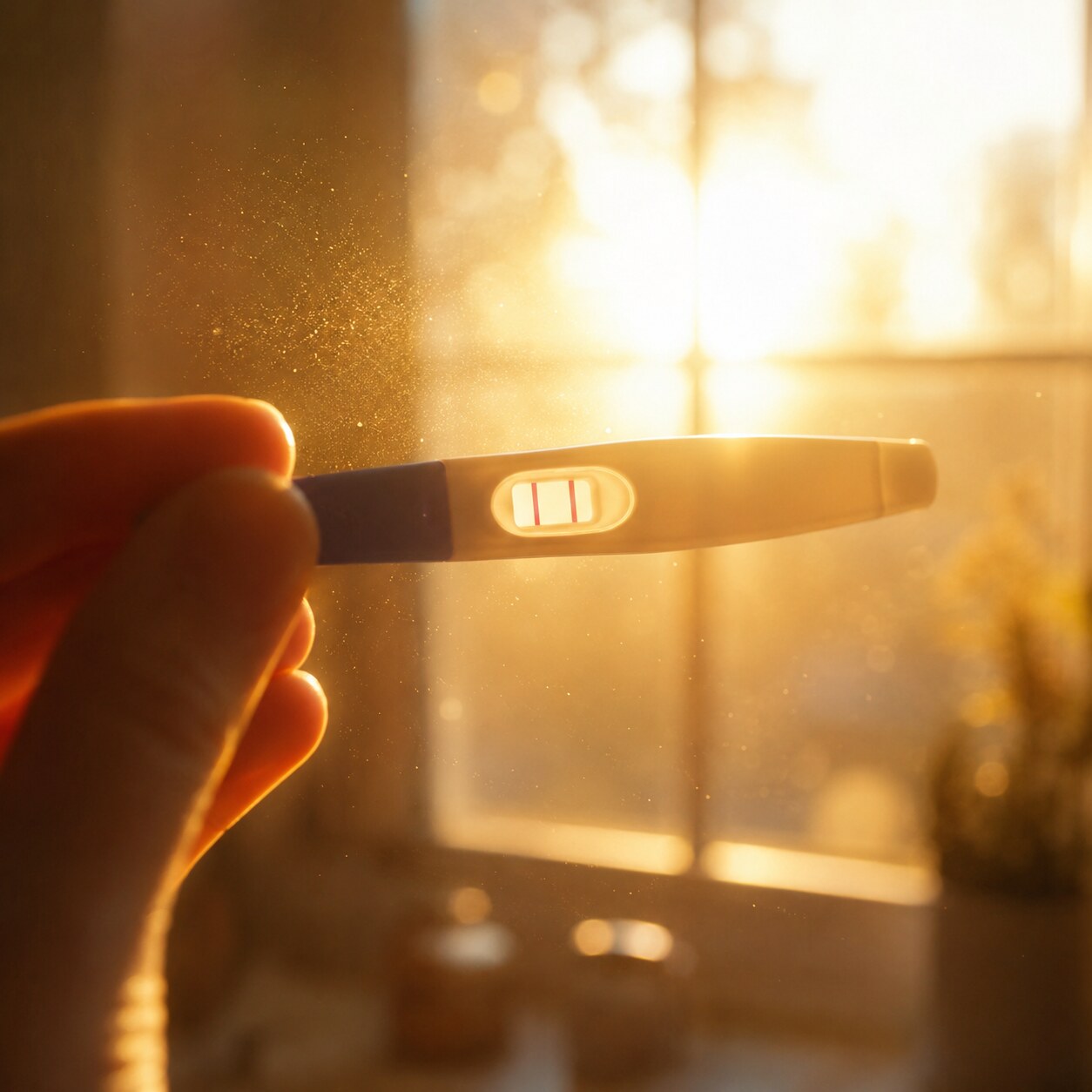 Positive pregnancy test held up backlit against a sunlit window, relevant to estrogen's effect on thyroid-binding globulin and total T4 levels