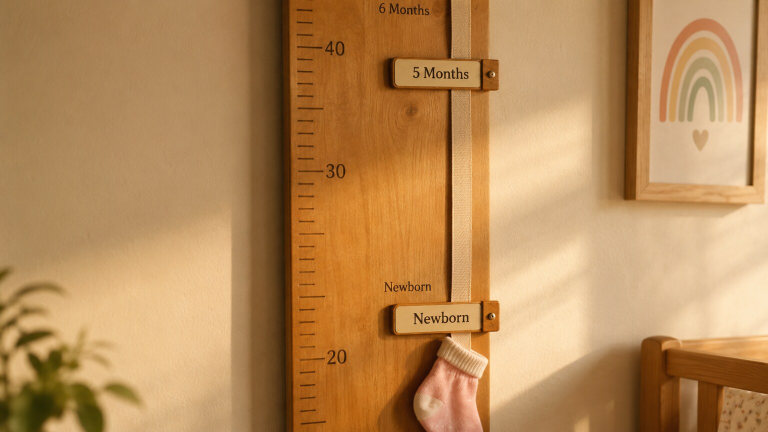 Nursery growth chart on a wall showing two height markers several months apart, illustrating a postpartum timeline