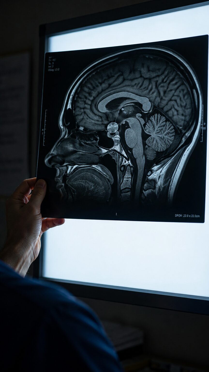 Brain MRI scan on a lightbox highlighting the pituitary gland region at the base of the skull