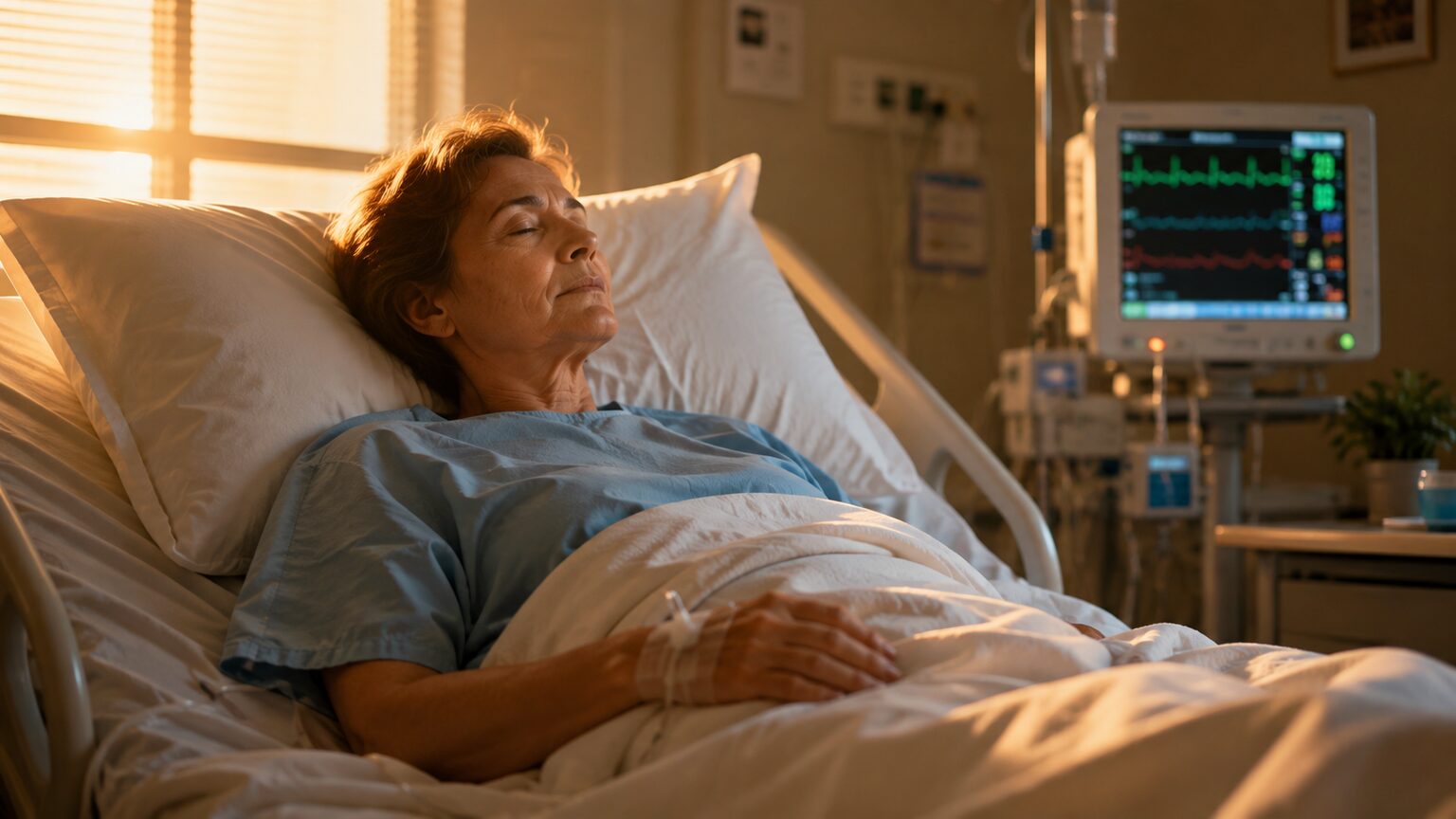 Hospital patient resting in bed during recovery, with an IV line and monitoring equipment nearby