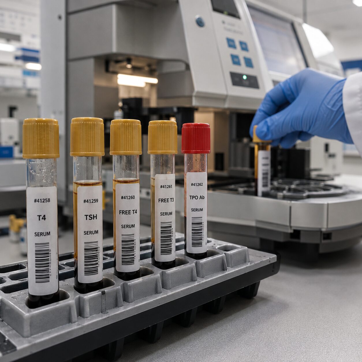 Row of labeled blood sample vials being loaded into a laboratory immunoassay analyzer