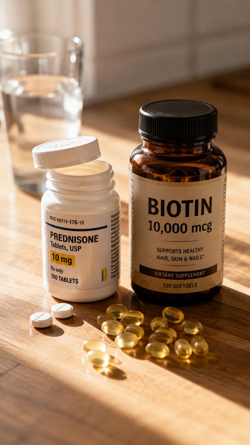 Prescription prednisone bottle next to a high-dose biotin supplement bottle on a kitchen counter