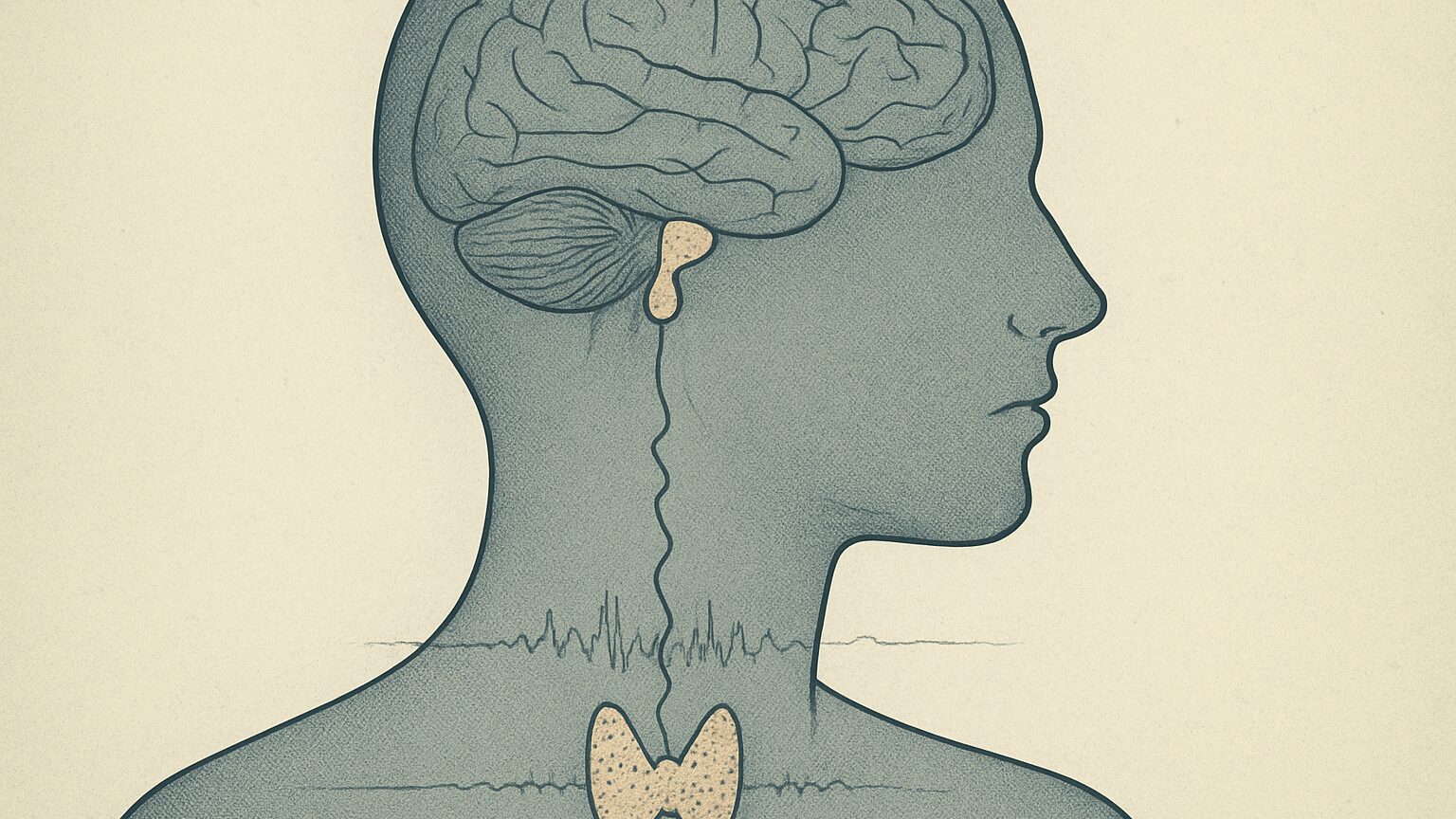 Scientific illustration of the pituitary-to-thyroid signaling pathway shown as a wavering, disrupted line rather than a steady one, representing how stress and illness interfere with normal TSH signaling