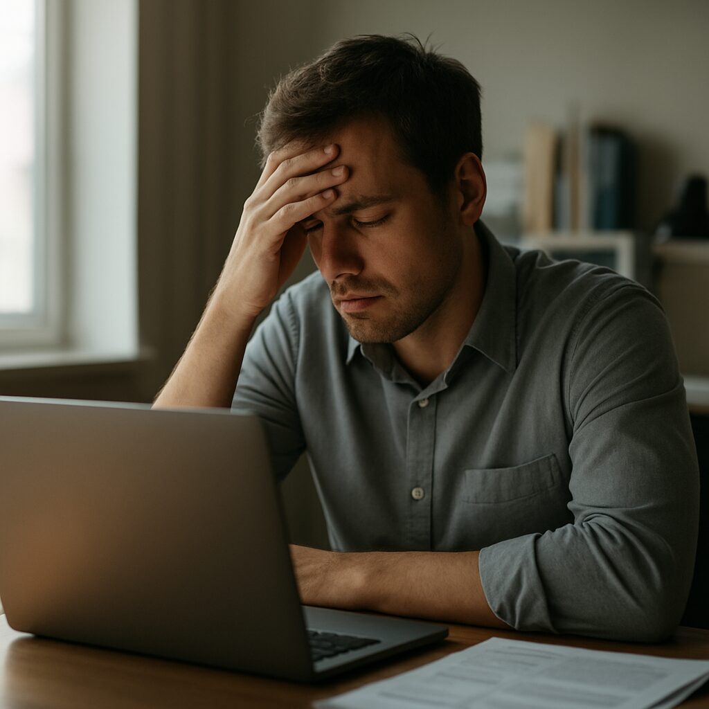 A person sitting at a desk in a moment of acute stress, hand pressed to their forehead, laptop screen glowing, mid-afternoon office light