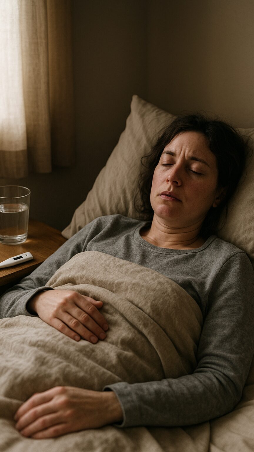 A person resting in bed during an illness, a thermometer and glass of water on the nightstand, soft daytime light through a curtain