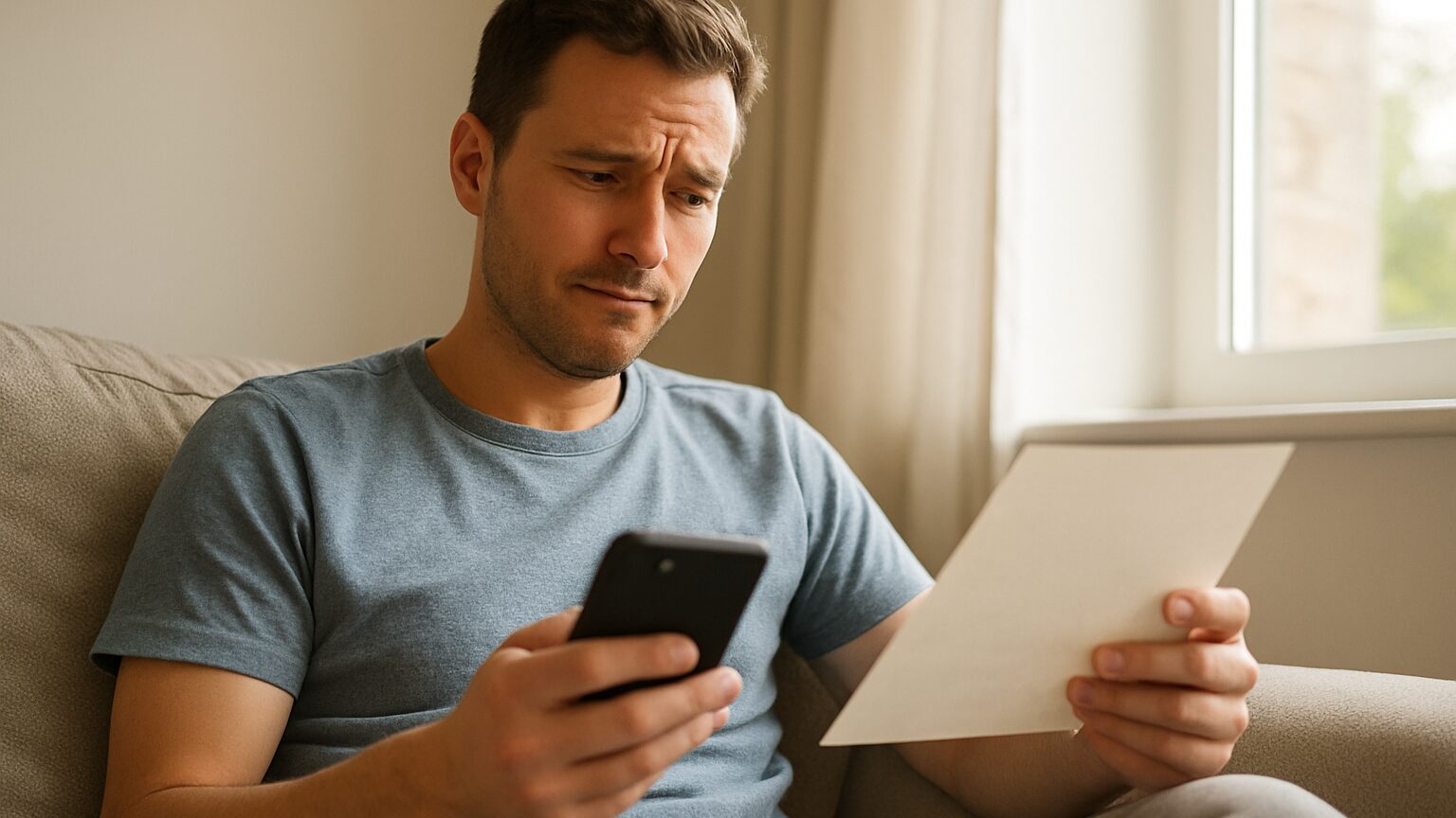 A person now looking recovered, sitting in bright natural light, looking at a phone or lab report with a mildly puzzled expression
