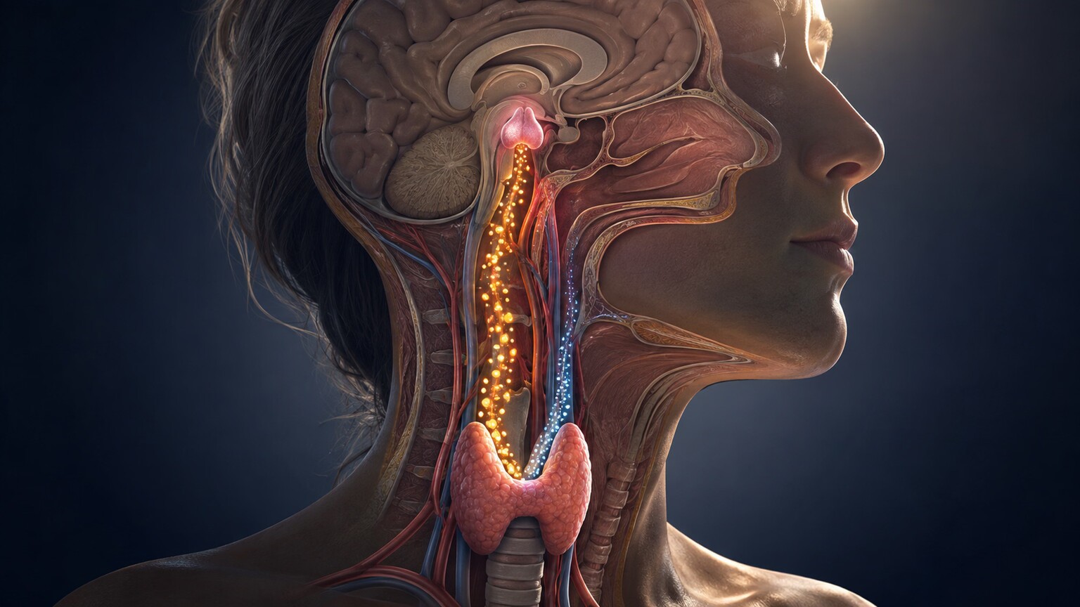 Scientific illustration of the pituitary gland signaling the thyroid gland through rising TSH as thyroid hormone output slightly declines