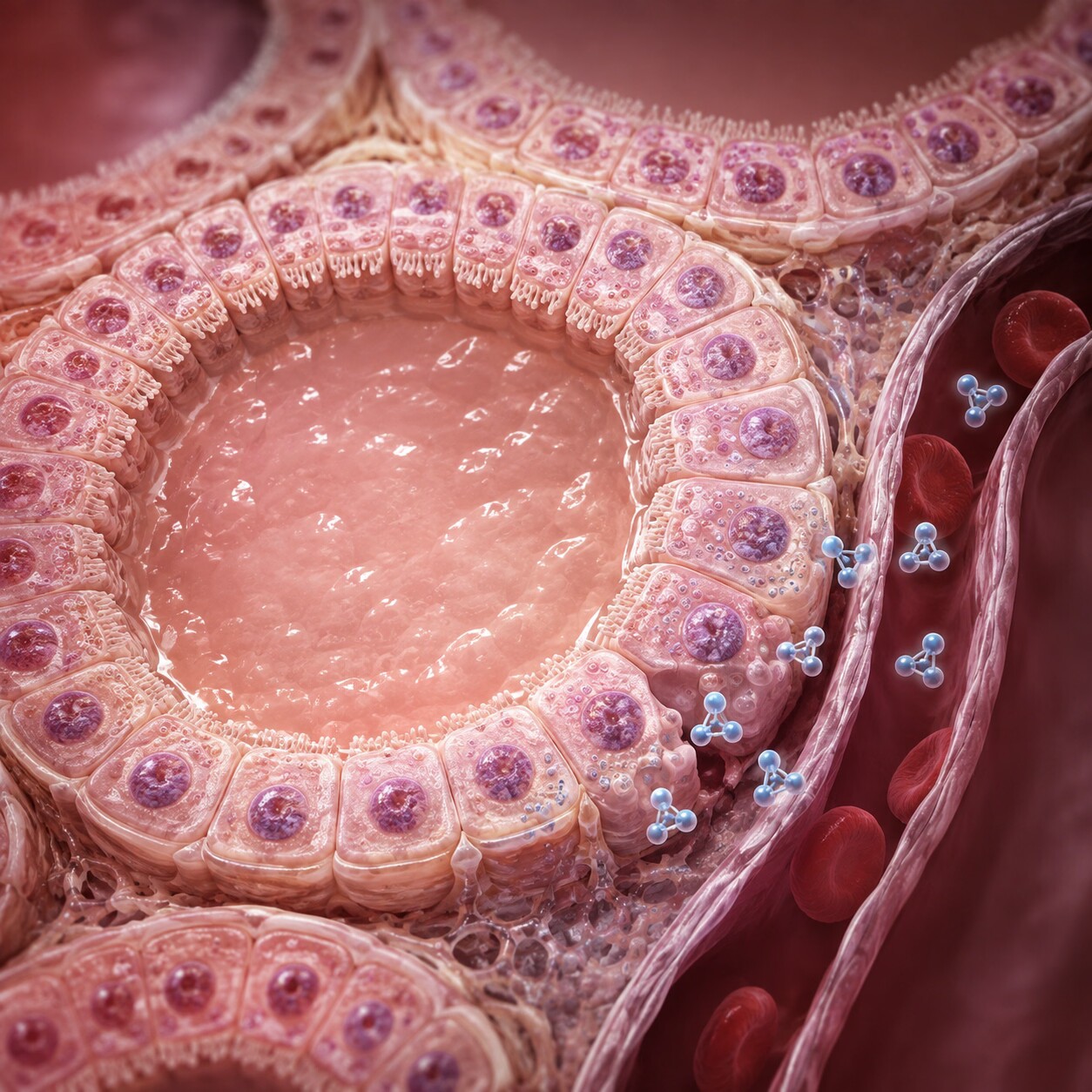 Close-up scientific illustration of thyroid follicular cells producing a slightly reduced amount of T4 hormone