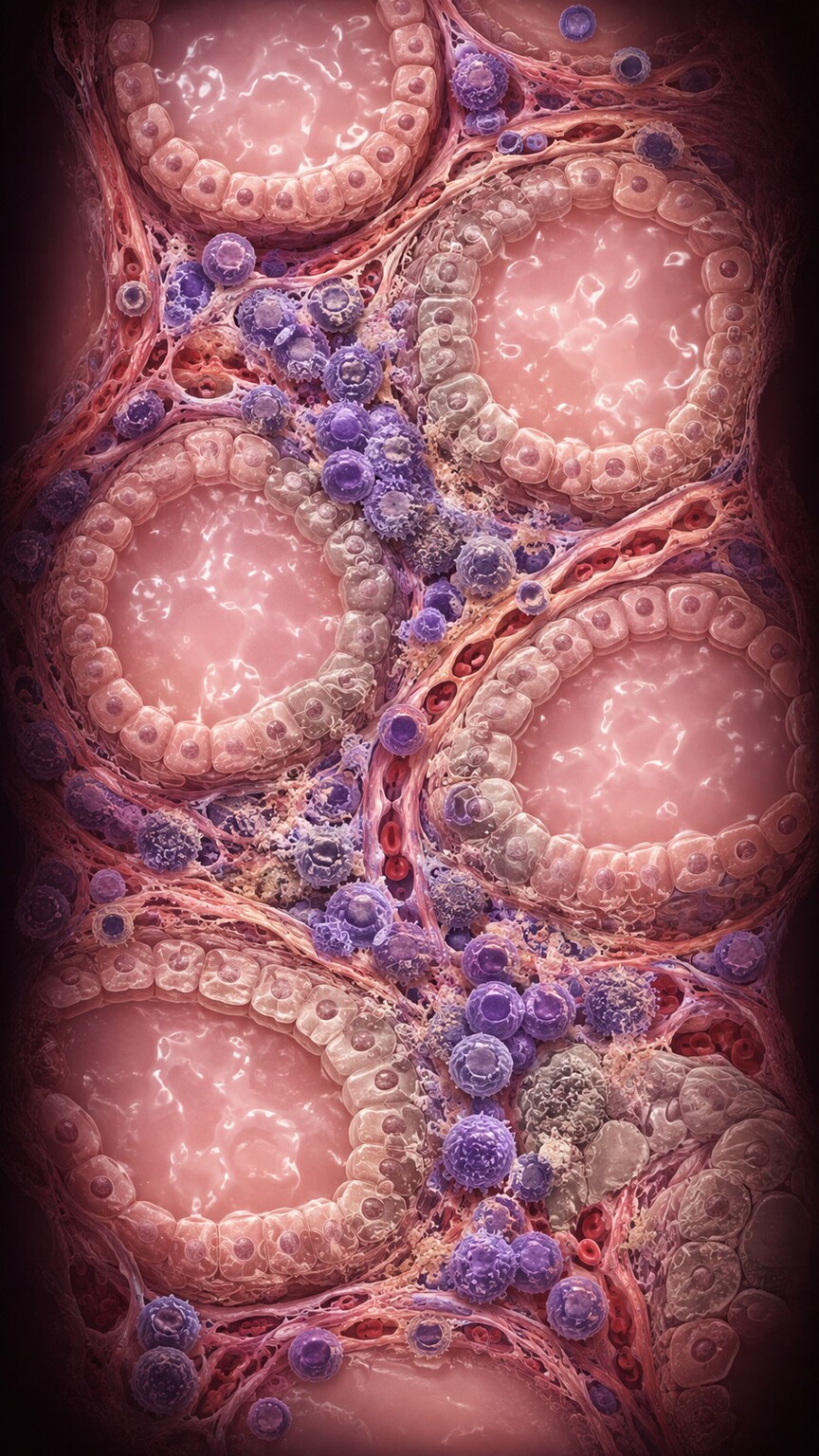 Scientific illustration of immune cells infiltrating and attacking thyroid gland tissue in autoimmune Hashimoto's thyroiditis