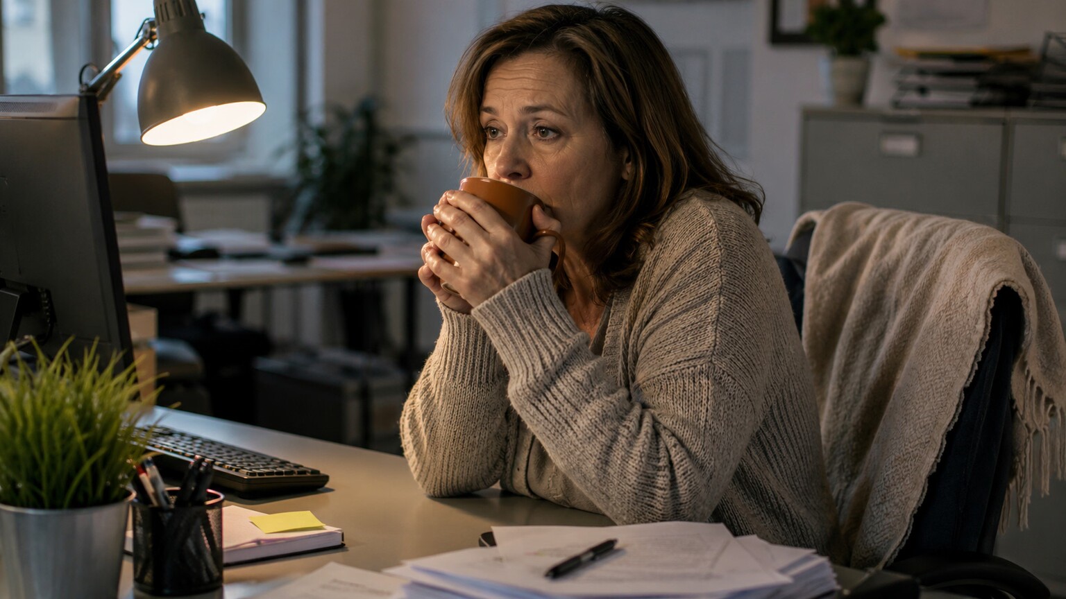 Person in a cardigan sitting at an office desk looking mildly fatigued while holding a warm cup of coffee