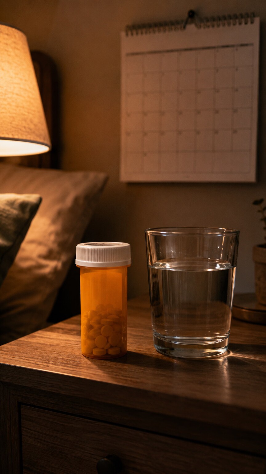 A levothyroxine prescription bottle and glass of water on a nightstand beside a small wall calendar