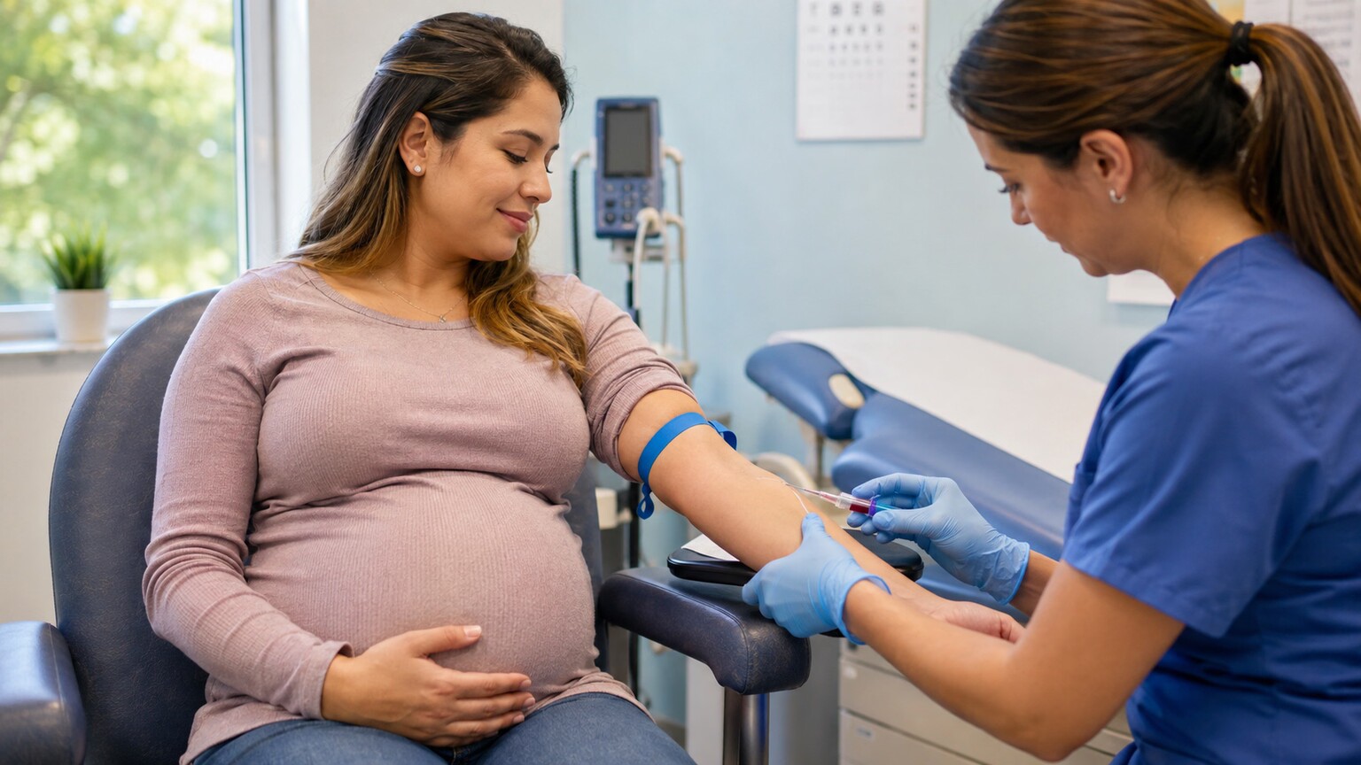 Pregnant patient having blood drawn at a prenatal clinic visit to check thyroid function