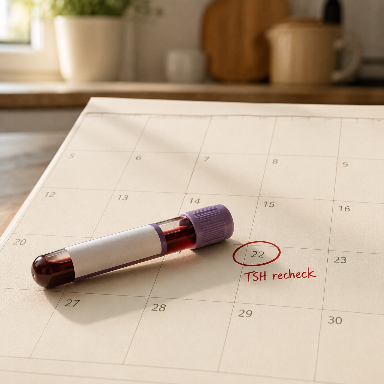 A blood collection tube resting on a wall calendar with a future TSH recheck date circled