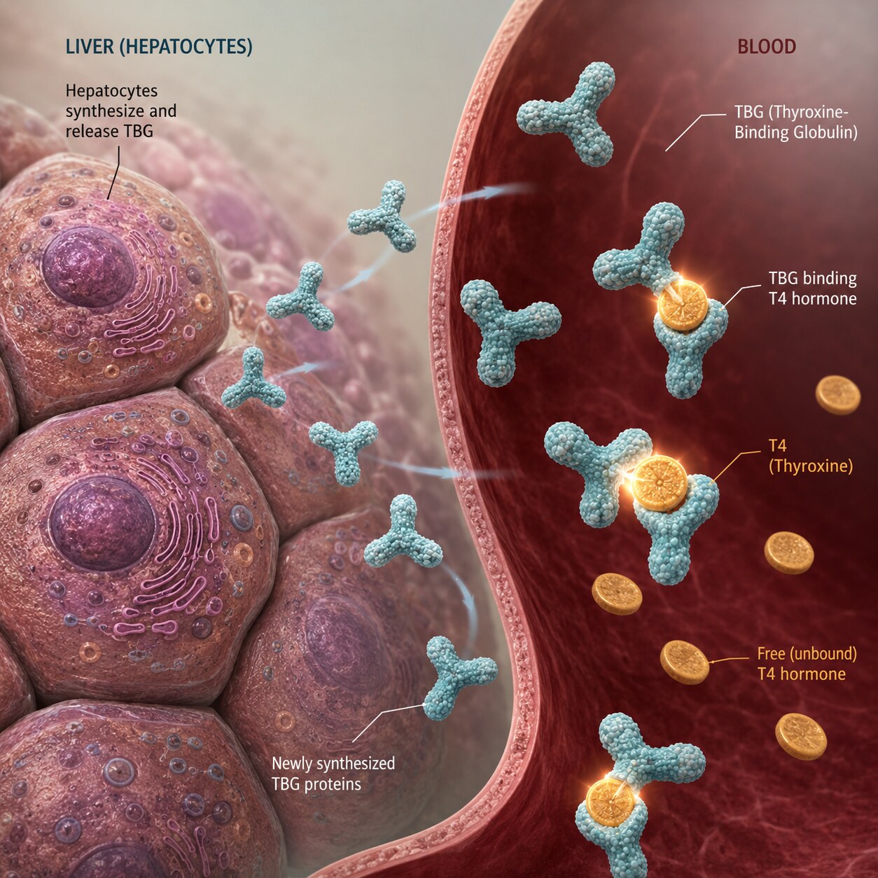 Scientific illustration of a liver cell releasing thyroxine-binding globulin protein that binds circulating T4 hormone molecules
