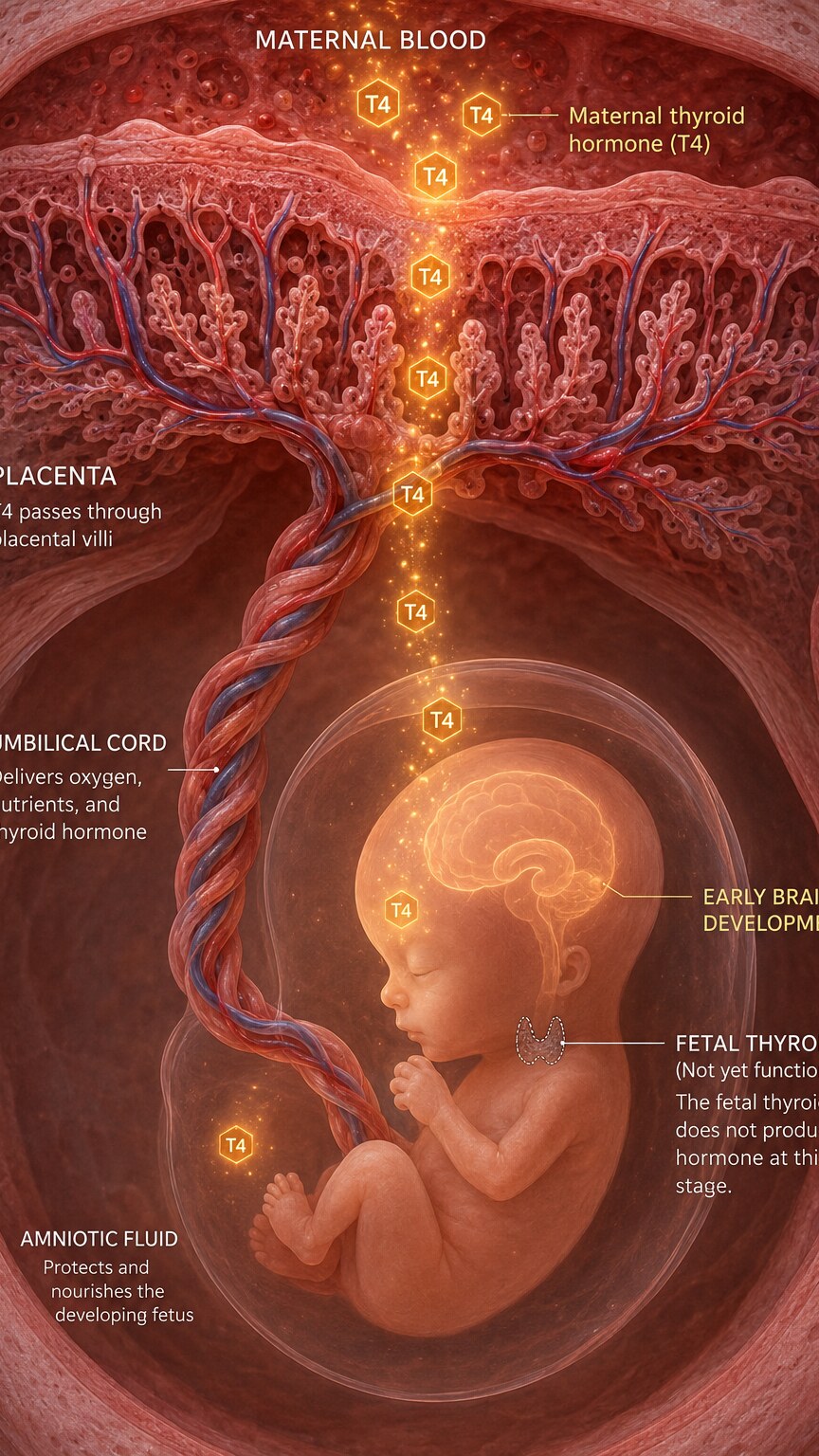 Scientific cross-section illustration of maternal T4 hormone crossing the placenta to a developing fetus before its own thyroid gland is functional