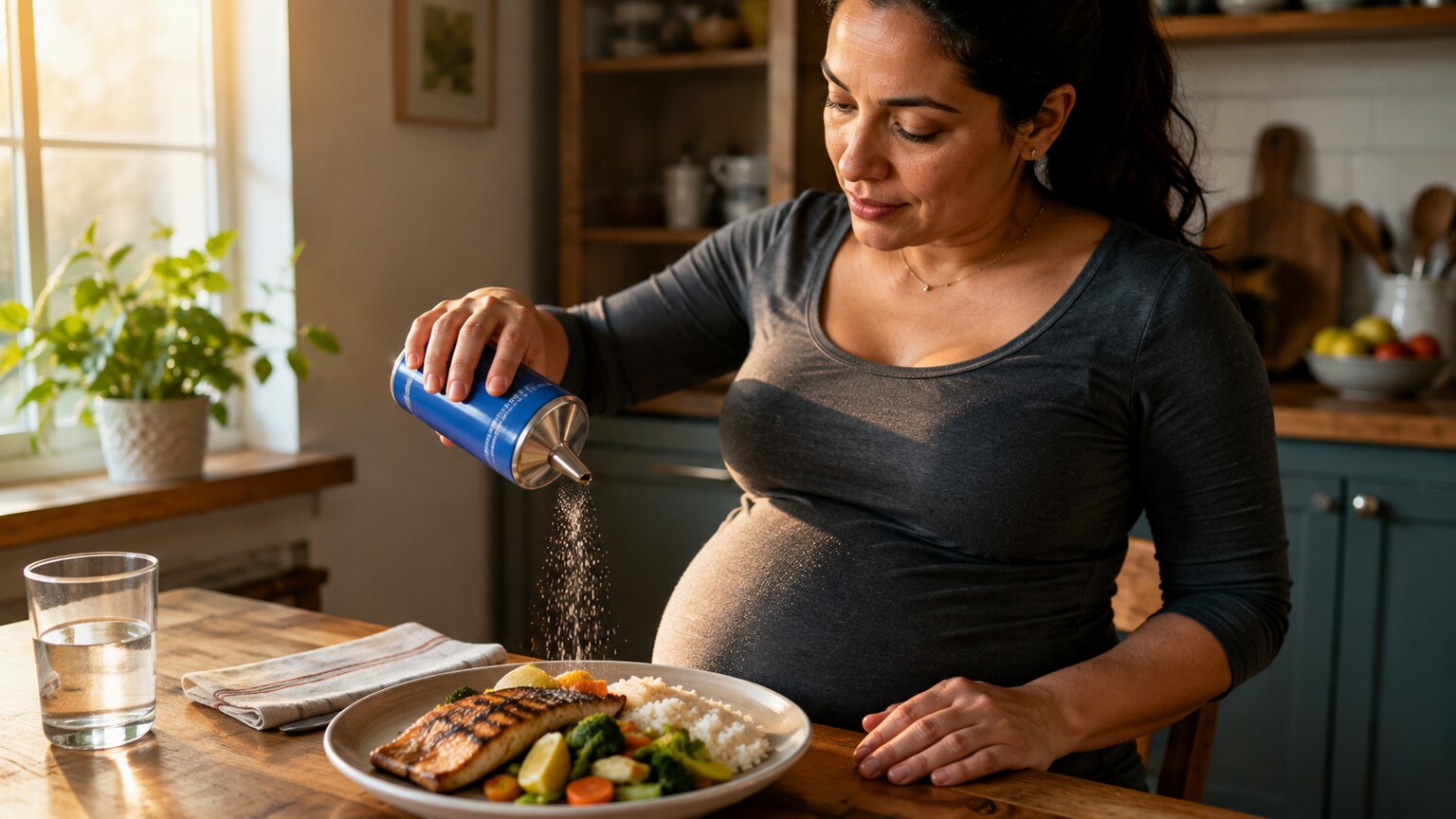 Visibly pregnant woman seasoning a meal with iodized salt at her kitchen table