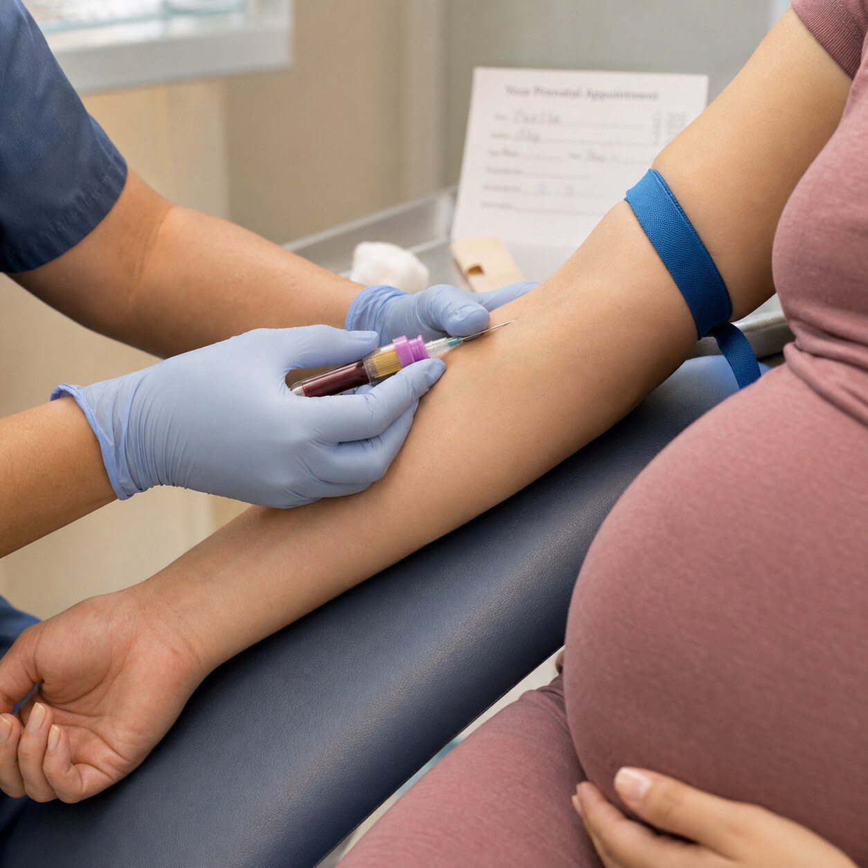 Close-up of a phlebotomist drawing blood from the arm of a visibly pregnant patient during a prenatal visit