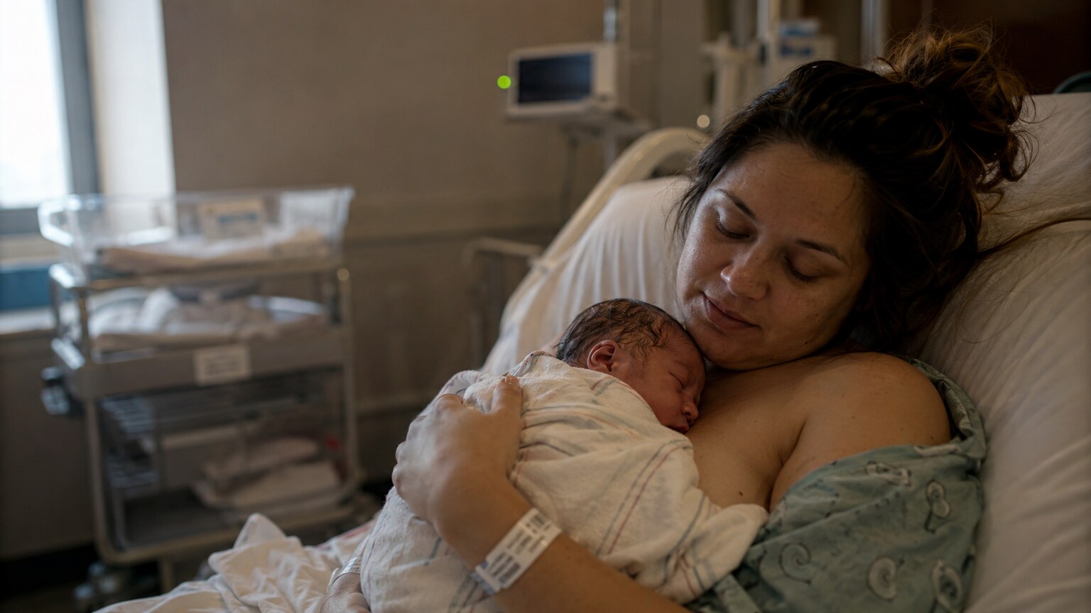 Exhausted new mother holding her newborn baby skin-to-skin shortly after delivery in a hospital bed